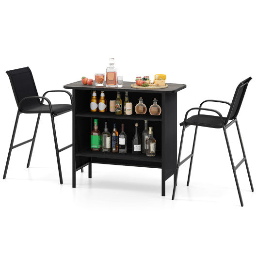 3 Piece Outdoor Bar Set with Footrest and 2-Tier Shelf-Black