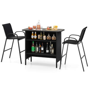 3 Piece Outdoor Bar Set with Footrest and 2-Tier Shelf-Black