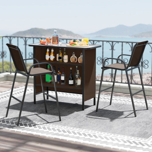3 Piece Outdoor Bar Set with Footrest and 2-Tier Shelf-Coffee