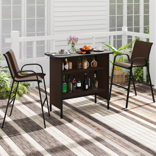 3 Piece Outdoor Bar Set with Footrest and 2-Tier Shelf-Coffee