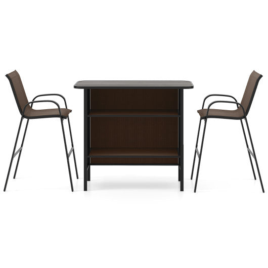3 Piece Outdoor Bar Set with Footrest and 2-Tier Shelf-Coffee