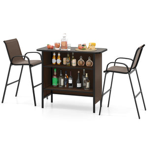 3 Piece Outdoor Bar Set with Footrest and 2-Tier Shelf-Coffee
