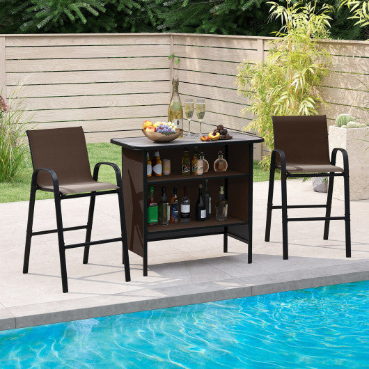 3 Piece Outdoor Bar Set with Footrest and 2-Tier Shelf-Coffee