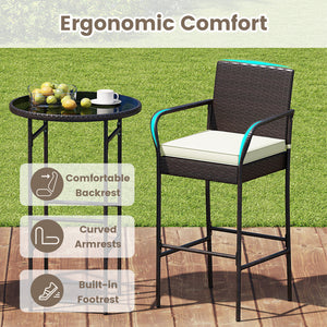 3 Piece Outdoor Bar Set with 2 Seat Cushions for Porch Yard-White