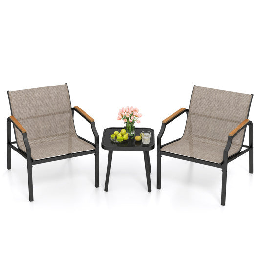 3 Piece Outdoor Chair Set with Breathable Fabric Seat and Armrests-Brown