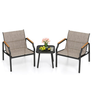 3 Piece Outdoor Chair Set with Breathable Fabric Seat and Armrests-Brown