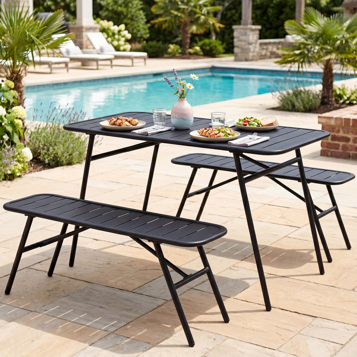3-Piece Outdoor Dining Set with Coffee Table and 2 Benches for Backyard Deck-Black