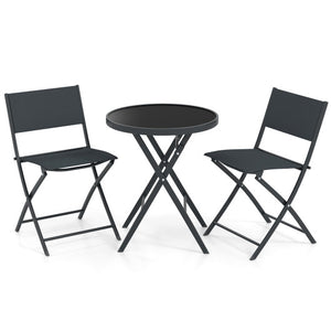 3 Piece Outdoor Folding Patio Bistro Set with Tempered Glass Coffee Table and 2 Patio Chairs