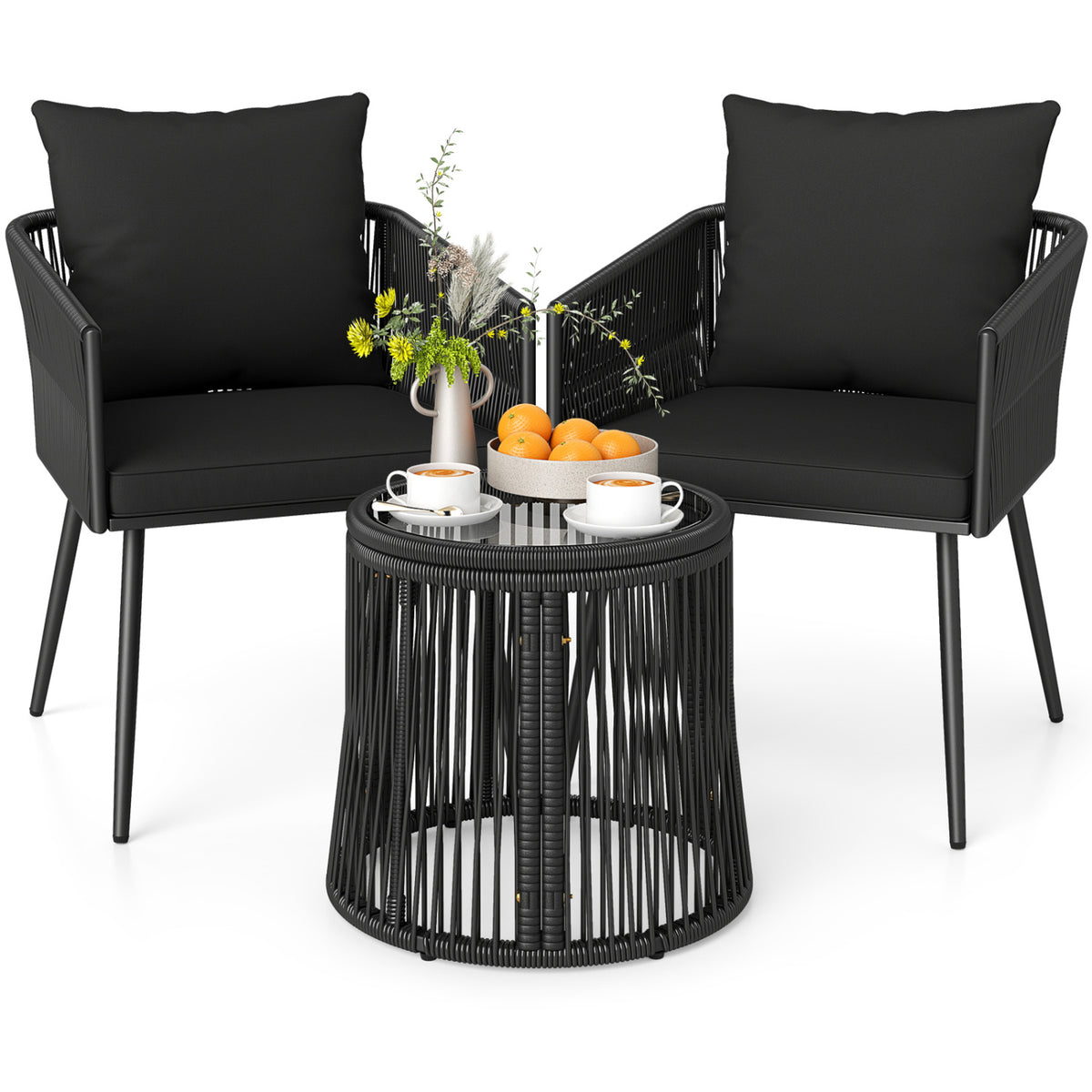 3-Piece Outdoor Furniture Set with Cushions for Porch Garden-Black
