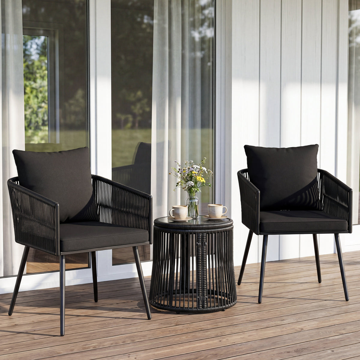 3-Piece Outdoor Furniture Set with Cushions for Porch Garden-Black