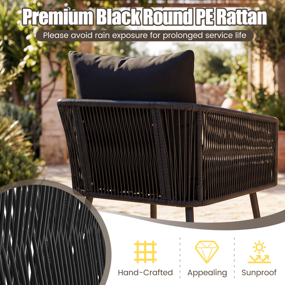 3-Piece Outdoor Furniture Set with Cushions for Porch Garden-Black