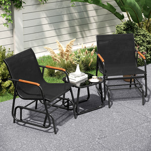 3-Piece Outdoor Glider Bistro Set with Tempered Glass Top and Metal Frame-Black