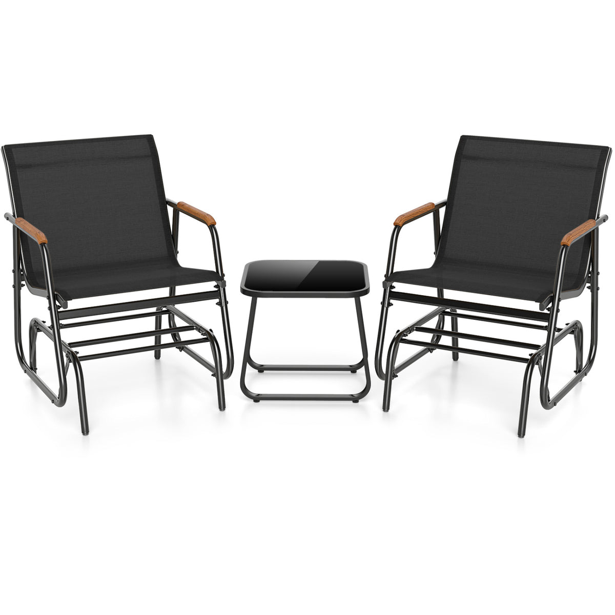 3-Piece Outdoor Glider Bistro Set with Tempered Glass Top and Metal Frame-Black