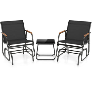 3-Piece Outdoor Glider Bistro Set with Tempered Glass Top and Metal Frame-Black