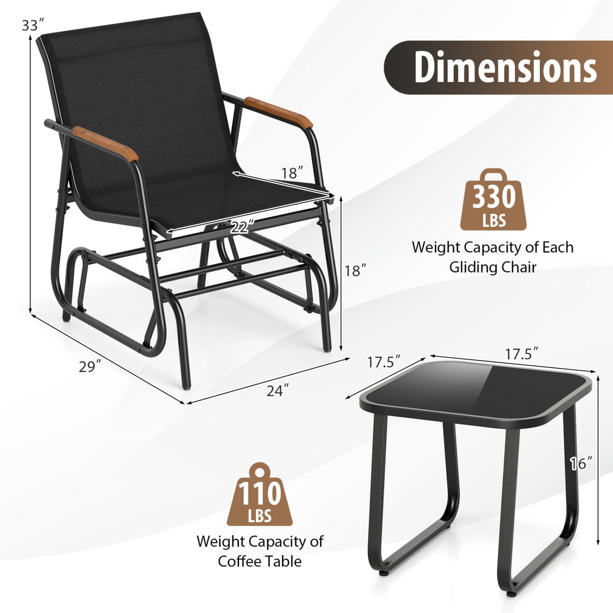 3-Piece Outdoor Glider Bistro Set with Tempered Glass Top and Metal Frame-Black
