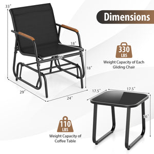 3-Piece Outdoor Glider Bistro Set with Tempered Glass Top and Metal Frame-Black