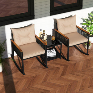3 Piece Outdoor PE Rattan Rocking Bistro Set with 2-Tier Coffee Table-Brown