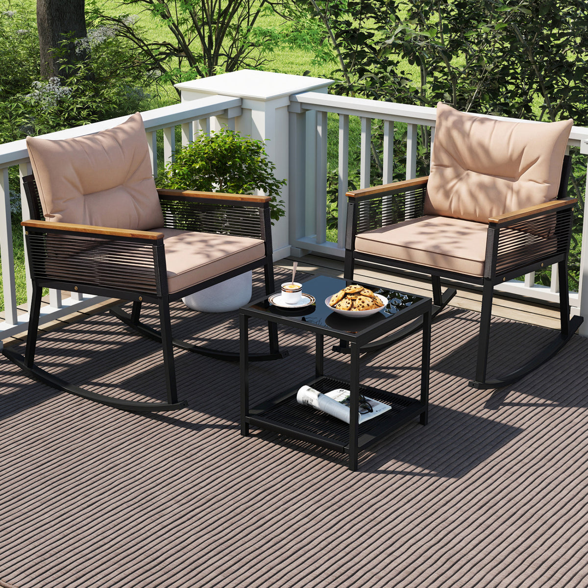 3 Piece Outdoor PE Rattan Rocking Bistro Set with 2-Tier Coffee Table-Brown