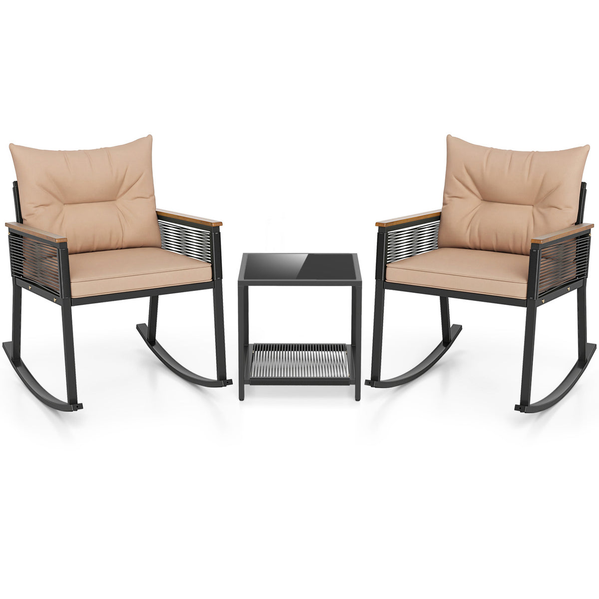 3 Piece Outdoor PE Rattan Rocking Bistro Set with 2-Tier Coffee Table-Brown
