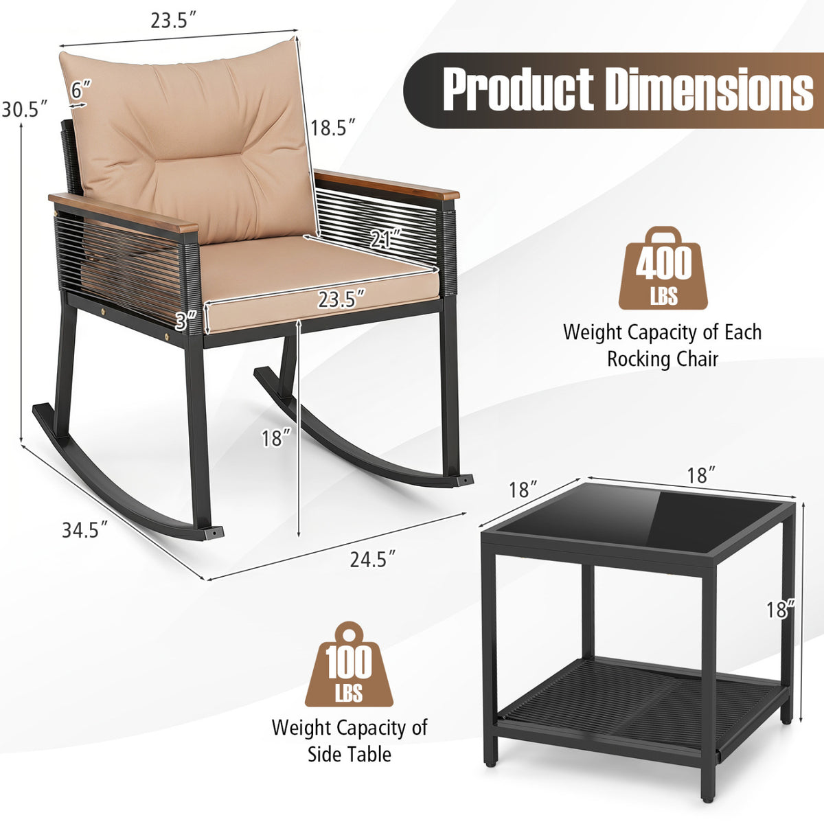 3 Piece Outdoor PE Rattan Rocking Bistro Set with 2-Tier Coffee Table-Brown