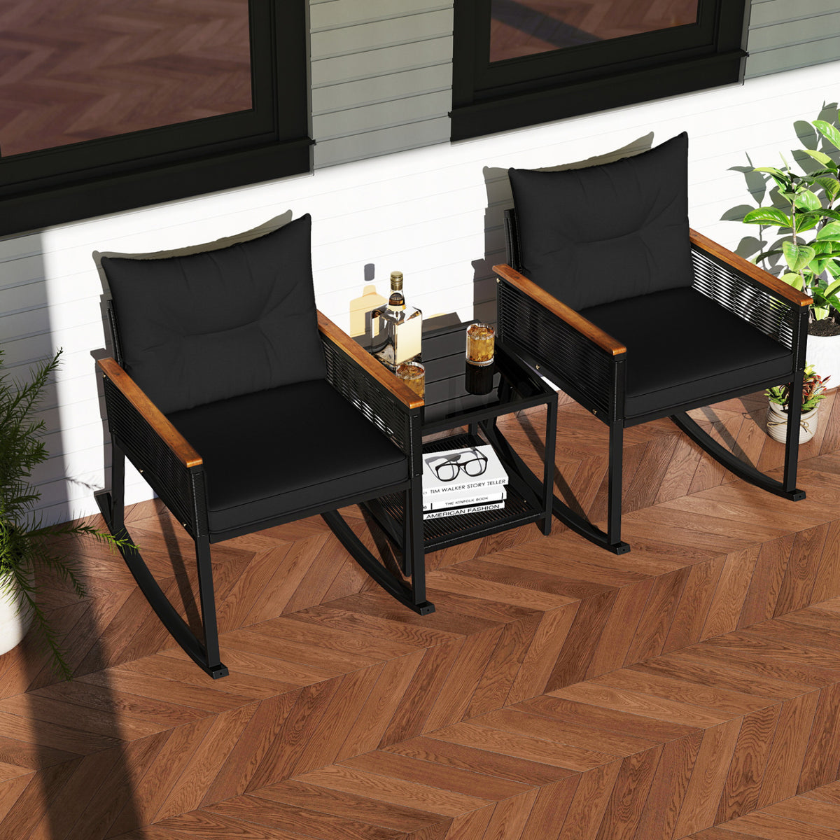 3 Piece Outdoor PE Rattan Rocking Bistro Set with 2-Tier Coffee Table-Blackcolor
