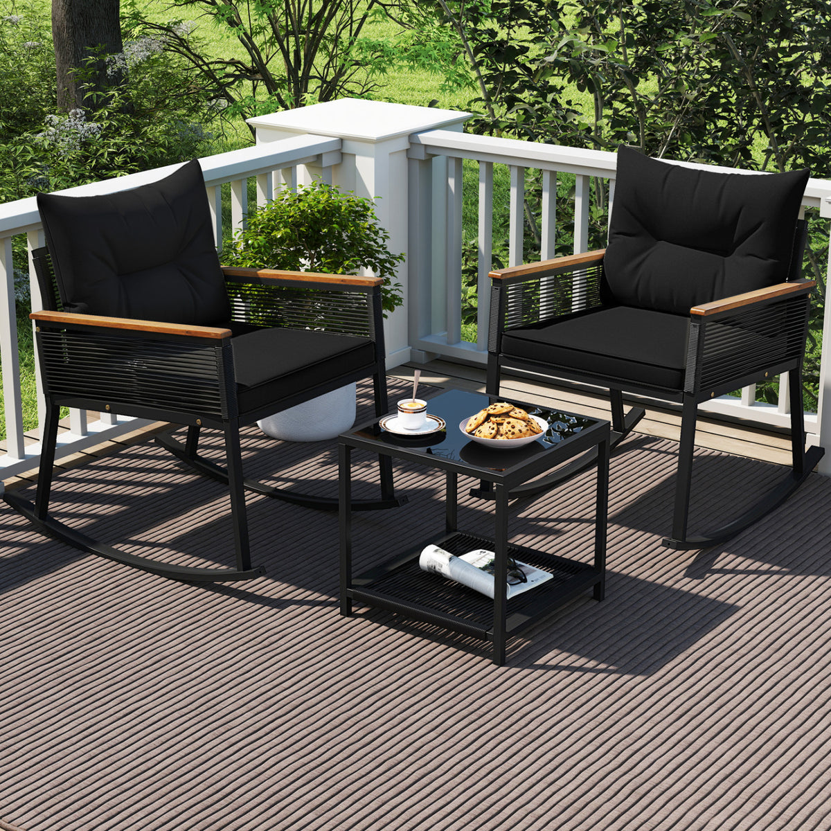 3 Piece Outdoor PE Rattan Rocking Bistro Set with 2-Tier Coffee Table-Blackcolor