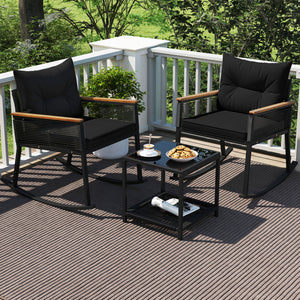 3 Piece Outdoor PE Rattan Rocking Bistro Set with 2-Tier Coffee Table-Blackcolor