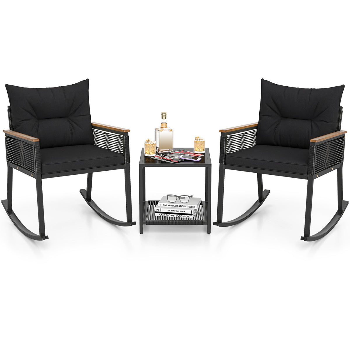 3 Piece Outdoor PE Rattan Rocking Bistro Set with 2-Tier Coffee Table-Blackcolor