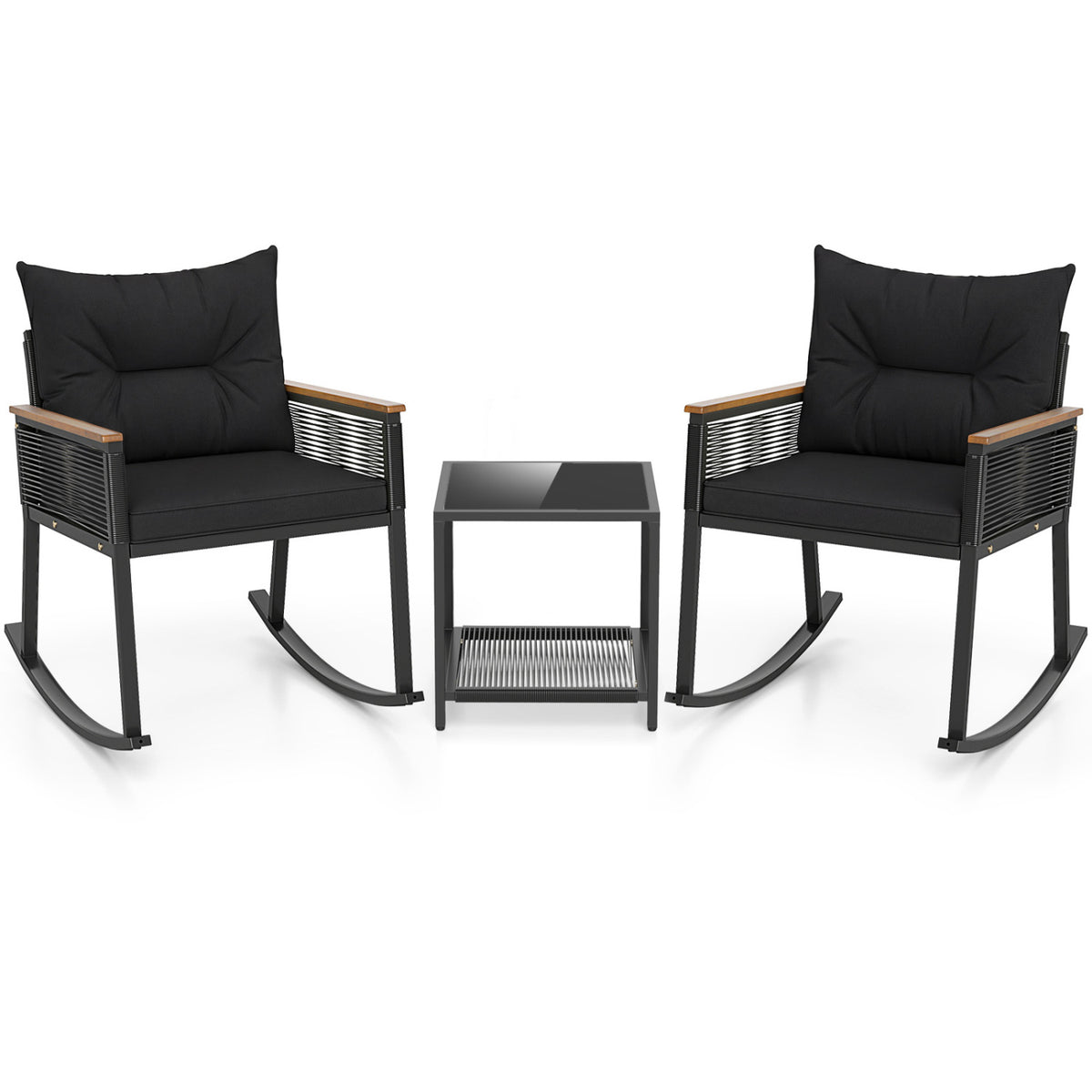3 Piece Outdoor PE Rattan Rocking Bistro Set with 2-Tier Coffee Table-Blackcolor
