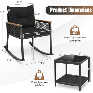 3 Piece Outdoor PE Rattan Rocking Bistro Set with 2-Tier Coffee Table-Blackcolor
