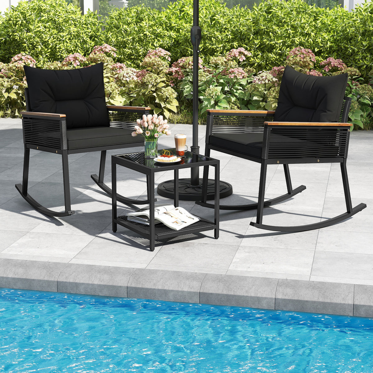 3 Piece Outdoor PE Rattan Rocking Bistro Set with 2-Tier Coffee Table-Blackcolor