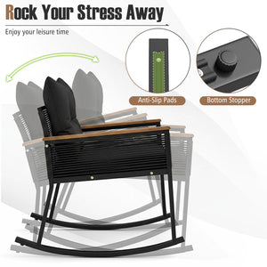 3 Piece Outdoor PE Rattan Rocking Bistro Set with 2-Tier Coffee Table-Blackcolor