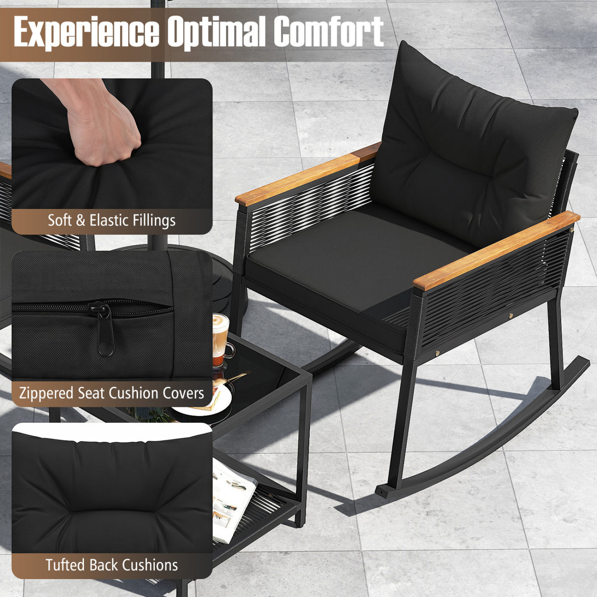 3 Piece Outdoor PE Rattan Rocking Bistro Set with 2-Tier Coffee Table-Blackcolor