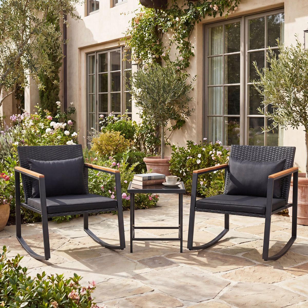 3-Piece Outdoor Rocking Bistro Set with Soft Cushions and Tempered Glass Table-Black