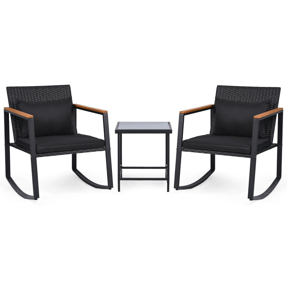 3-Piece Outdoor Rocking Bistro Set with Soft Cushions and Tempered Glass Table-Black