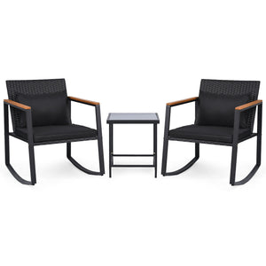 3-Piece Outdoor Rocking Bistro Set with Soft Cushions and Tempered Glass Table-Black