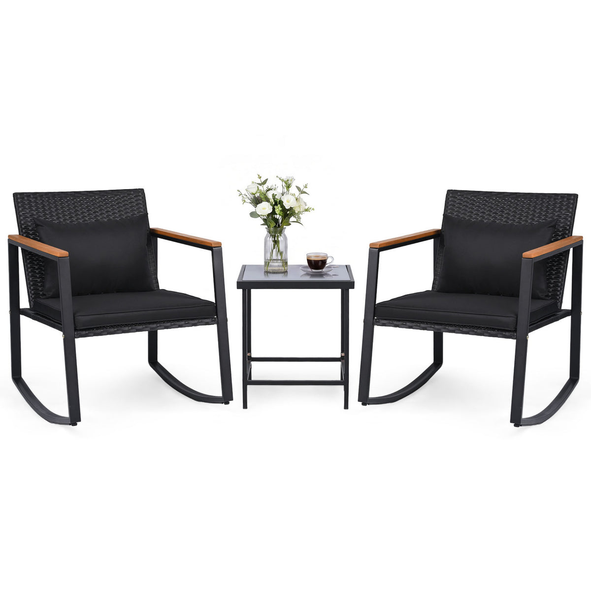 3-Piece Outdoor Rocking Bistro Set with Soft Cushions and Tempered Glass Table-Black