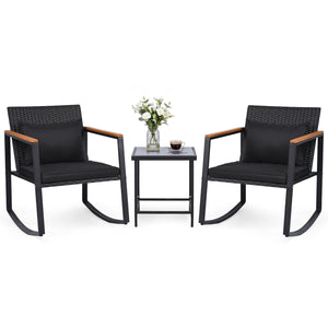 3-Piece Outdoor Rocking Bistro Set with Soft Cushions and Tempered Glass Table-Black