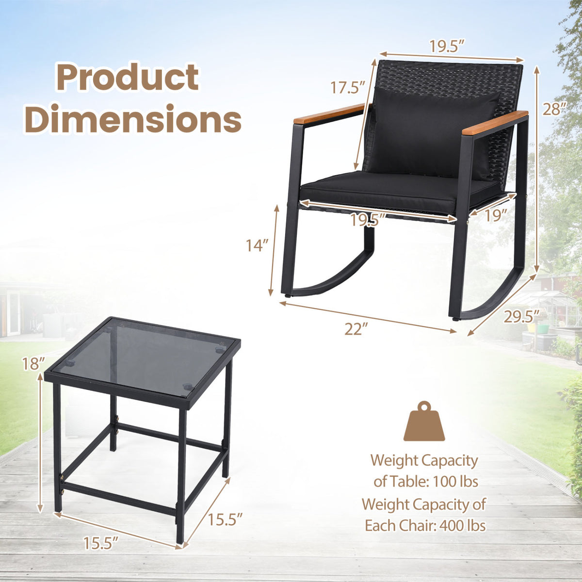 3-Piece Outdoor Rocking Bistro Set with Soft Cushions and Tempered Glass Table-Black