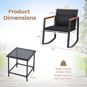 3-Piece Outdoor Rocking Bistro Set with Soft Cushions and Tempered Glass Table-Black