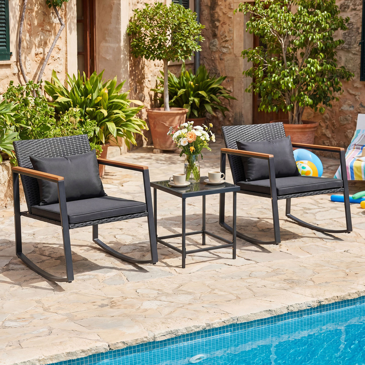 3-Piece Outdoor Rocking Bistro Set with Soft Cushions and Tempered Glass Table-Black