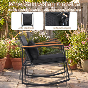 3-Piece Outdoor Rocking Bistro Set with Soft Cushions and Tempered Glass Table-Black