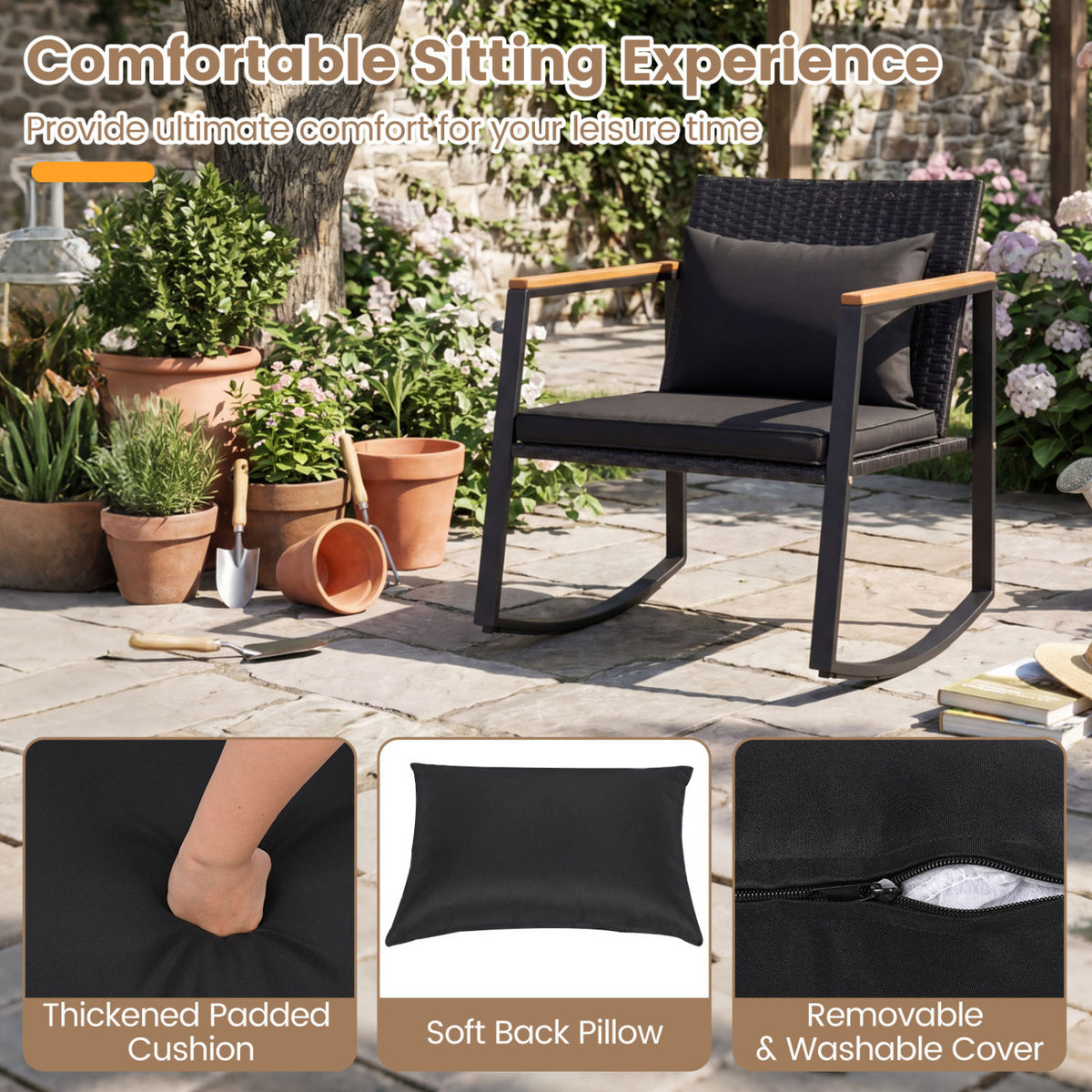 3-Piece Outdoor Rocking Bistro Set with Soft Cushions and Tempered Glass Table-Black