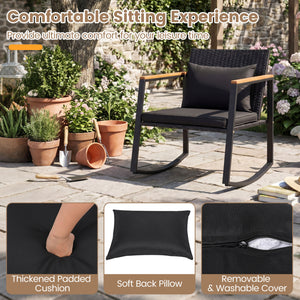 3-Piece Outdoor Rocking Bistro Set with Soft Cushions and Tempered Glass Table-Black