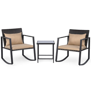 3-Piece Outdoor Rocking Bistro Set with Soft Cushions and Tempered Glass Table-Brown