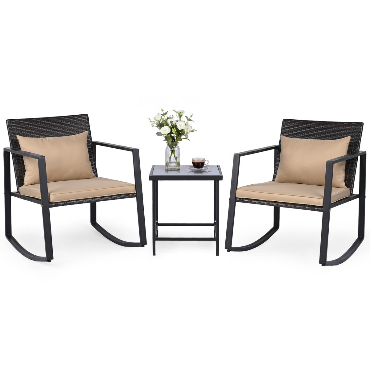 3-Piece Outdoor Rocking Bistro Set with Soft Cushions and Tempered Glass Table-Brown