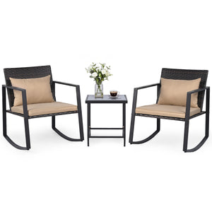 3-Piece Outdoor Rocking Bistro Set with Soft Cushions and Tempered Glass Table-Brown
