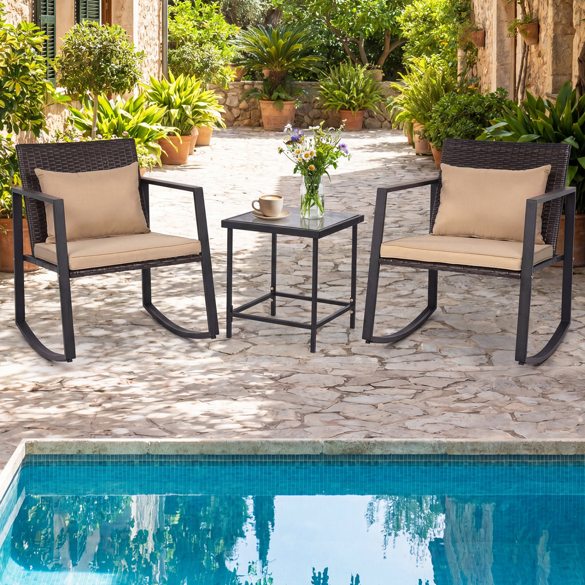 3-Piece Outdoor Rocking Bistro Set with Soft Cushions and Tempered Glass Table-Brown