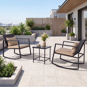 3-Piece Outdoor Rocking Bistro Set with Soft Cushions and Tempered Glass Table-Brown
