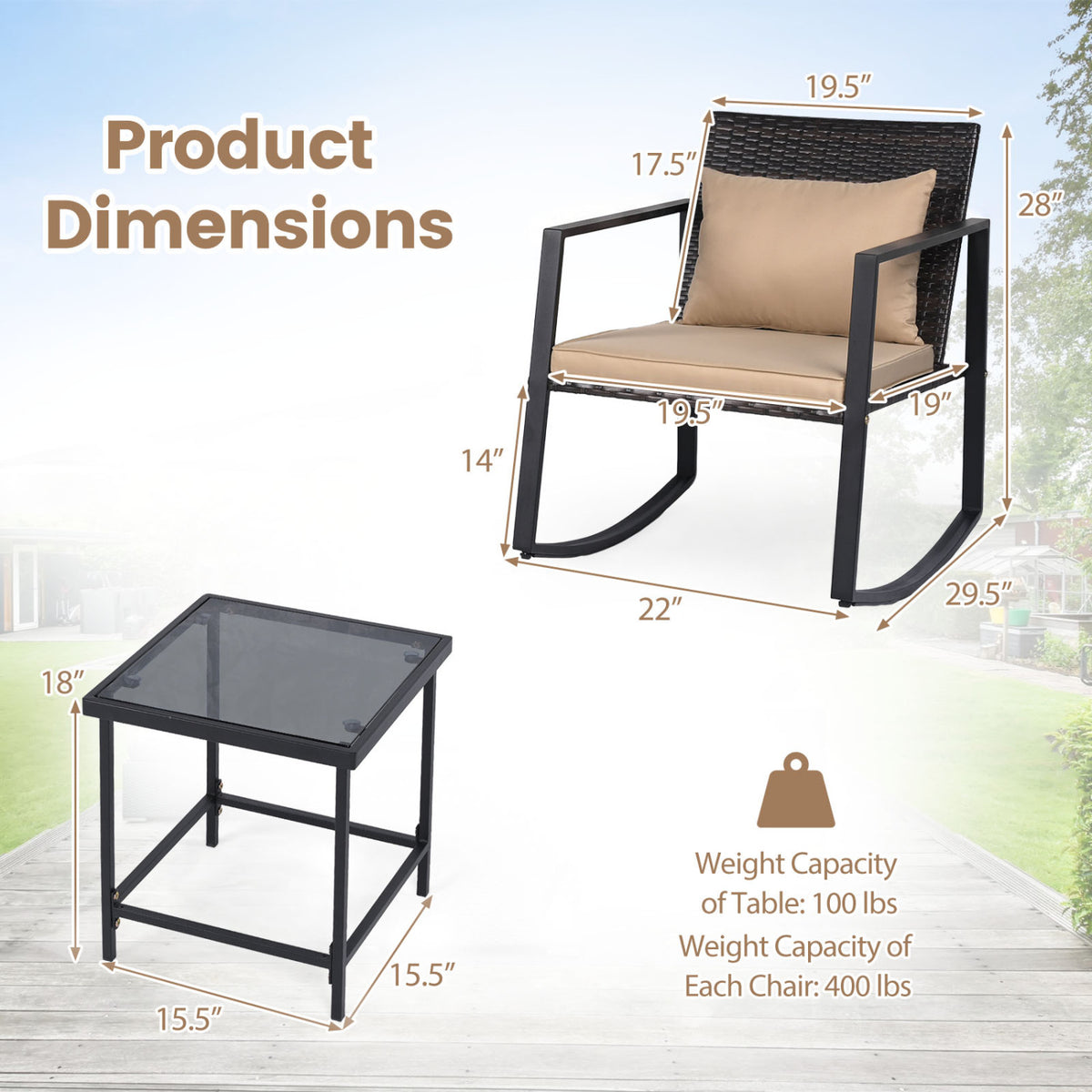 3-Piece Outdoor Rocking Bistro Set with Soft Cushions and Tempered Glass Table-Brown